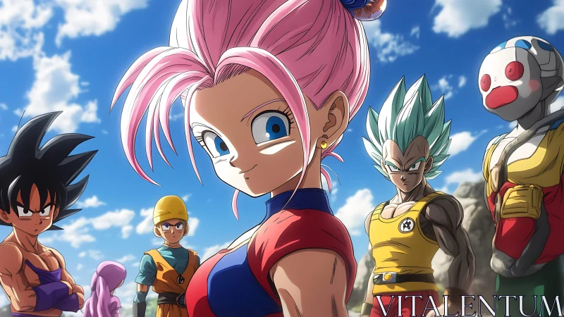 Anime heroes stand united under a vivid blue battle sky