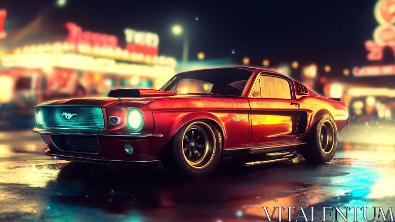 Retro red Mustang fastback under neon diner night lighting