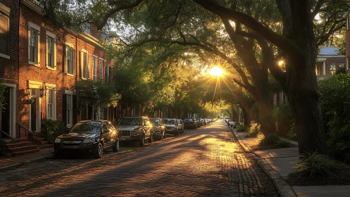 Sunlit cobblestone residential street with parked cars at dusk.