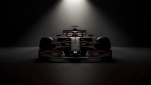Formula race car under dramatic spotlight highlights aerodynamics