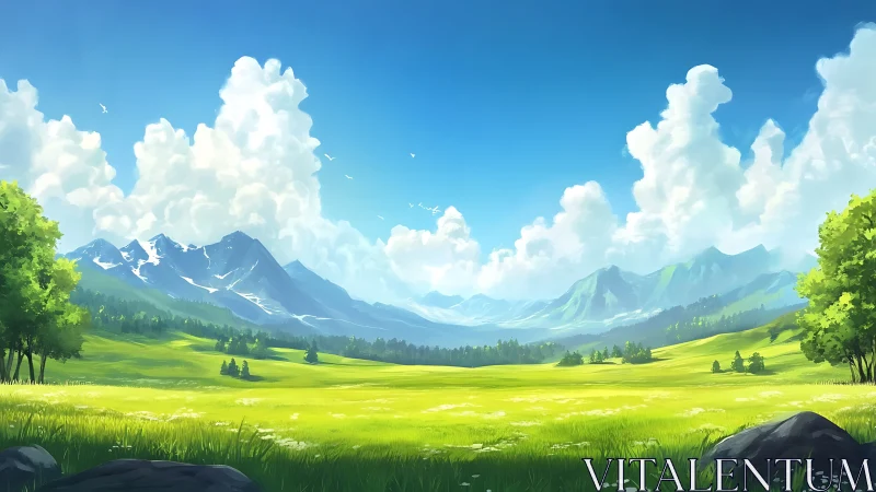 Mountain valley landscape stretches under bright summer sky