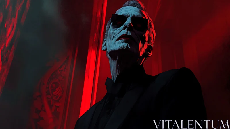 Skeletal suited figure in red lit corridor portrait.