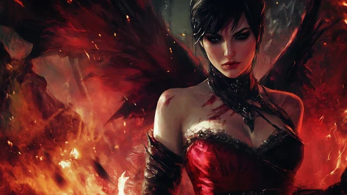 Dark winged woman in red dress amid intense firelight.