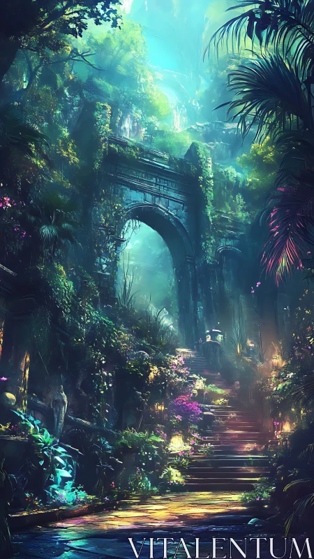 Emerald ruins and luminous stairway into the hidden canopy.