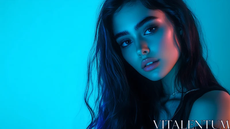 Blue neon portrait of young woman with glossy makeup.