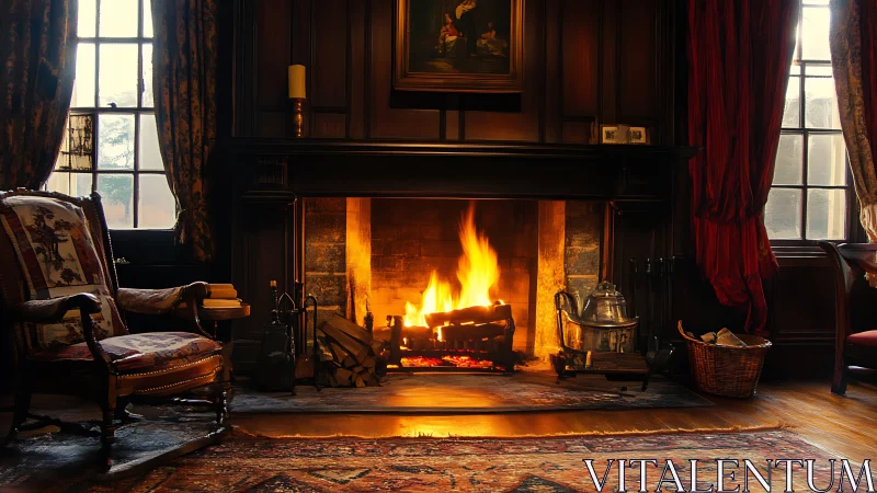 Grand fireplace with roaring flames illuminates period room interior