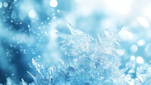 Macro crystalline ice flake with bokeh in cool blue field.