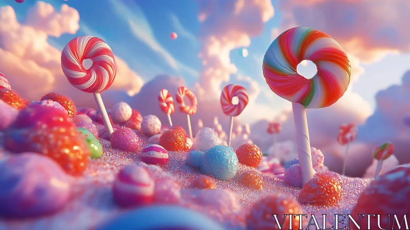 Luminous Candy Landscape: Oversized Lollipops Against Cloud-Filled Sky.