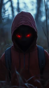 Hooded forest figure glares with ominous glowing red eyes.