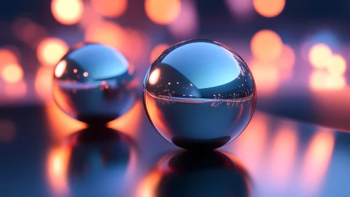 Chrome orbs bask in neon twilight over liquid light reflections.