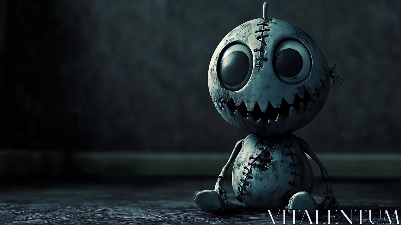 Stitched little misfit doll grinning in the shadows.