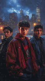 Brooding teen trio under neon city rainstorm skyline.