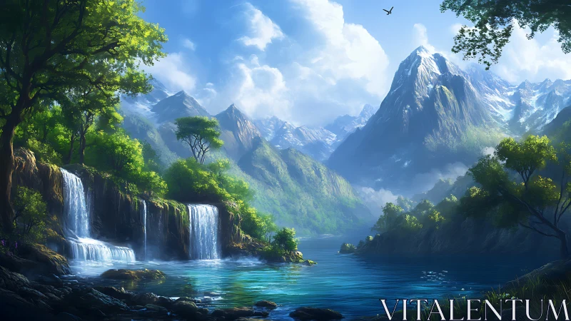 Mountain lake with waterfalls and lush green forest landscape.