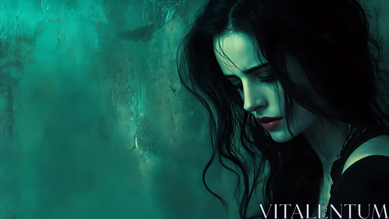 Side profile portrait of woman against teal textured wall.