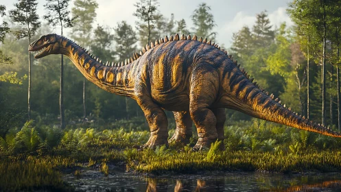 Sauropod dinosaur in lush primeval forest clearing at dawn.