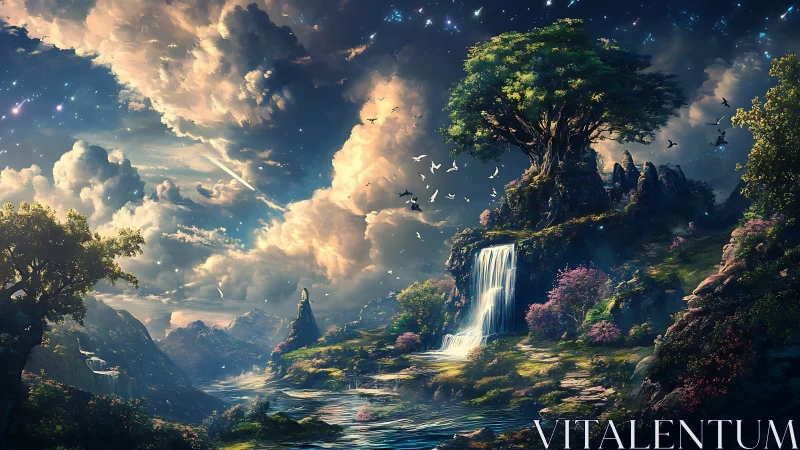 Fantastical river valley with waterfall and luminous sky.