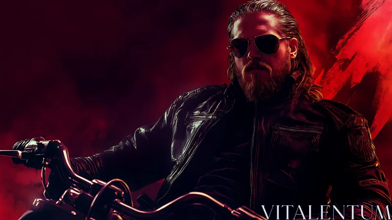 Midnight rider in red haze, wrapped in leather calm.