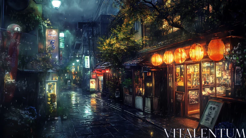Lantern-lit alleyway serenading rain-soaked midnight wanderers.