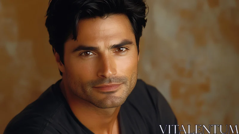 Close-up portrait of dark-haired man against warm backdrop.