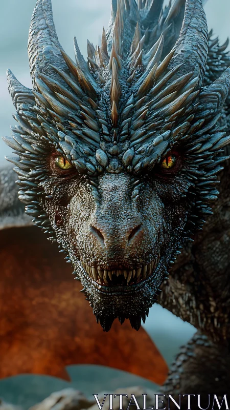 Hyperreal dragon portrait with crystalline horn structure.
