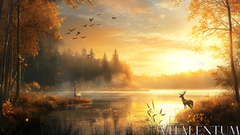 Deer stand by calm autumn lake under bright sunrise glow.