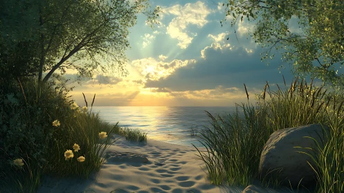 Golden shoreline path opening onto a calm evening sea.