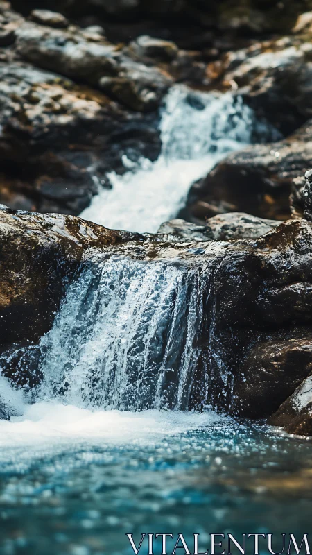 Cascading mountain stream over wet rocks in soft focus.