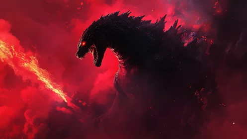 Gigantic fire-breathing kaiju roars within crimson storm