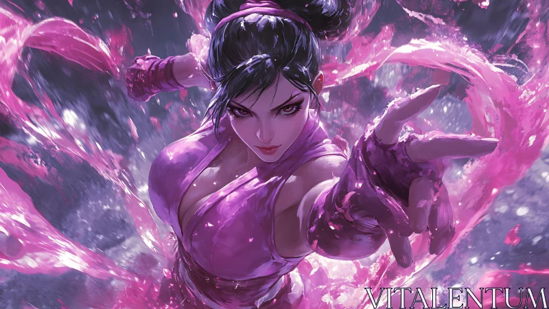 Martial artist projects swirling pink energy in dynamic attack