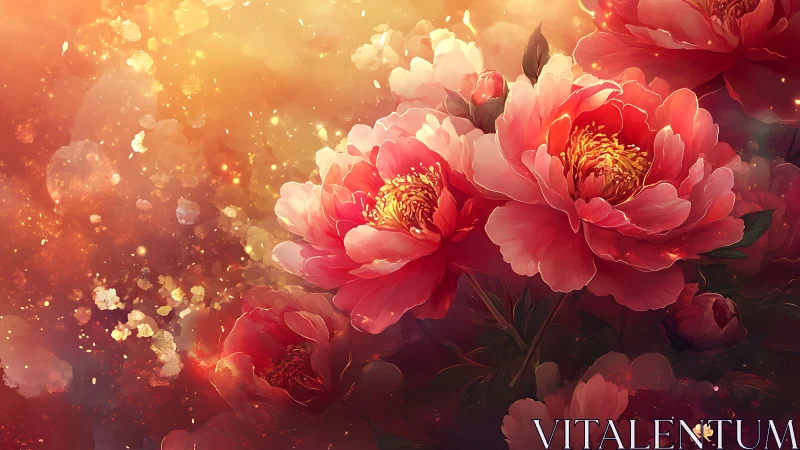Red peonies with golden light bokeh effects on gradient background.