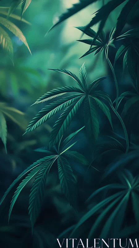 Botanical fronds in volumetric teal forest illumination.