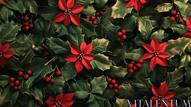 Red poinsettias and holly leaves form dense festive pattern