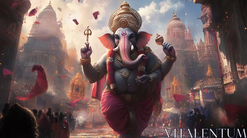 Elephant-headed deity strides through swirling temple light