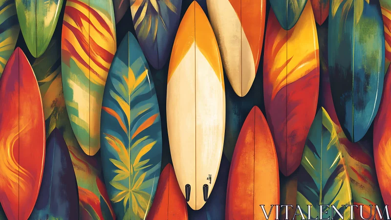 Surfboards stand vertically with multicolored abstract patterns