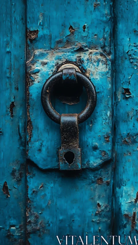 Weathered blue door knocker with stories etched in rust.