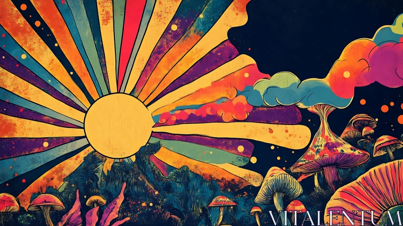 Radiating sun disk with stylized mushrooms and color bands.