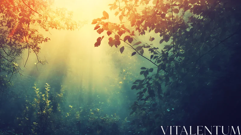 Ethereal sunrise in misty forest with glowing golden light.