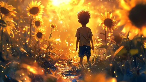 Child stands in glowing sunflower field under intense sunset light