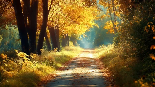 Tree-lined rural path shows directional light and autumn foliage