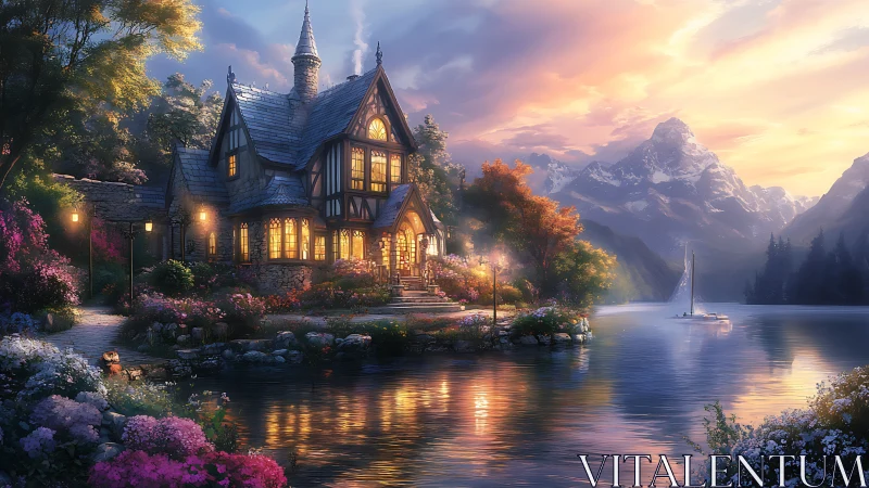 Lake-lit cottage dreams under rose-gold mountain dusk.
