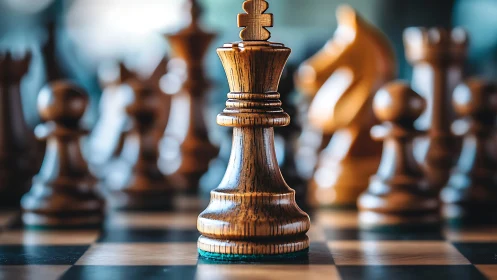 Shallow depth of field isolates a wooden chess king