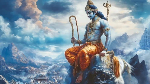 Blue-skinned figure seated on mountain above clouded cityscape.