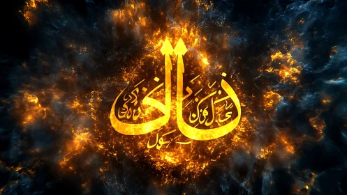 Luminous Arabic calligraphy emblem amid fiery nebula field