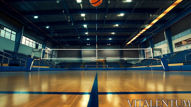Quiet indoor volleyball court waits for the next lively match