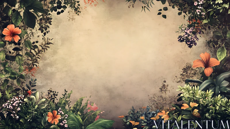 Floral border surrounds textured beige background space