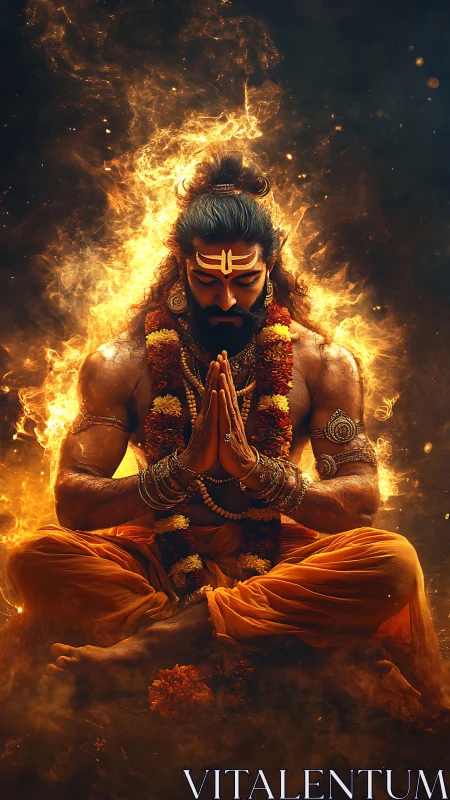 Fire-wreathed yogi sits in lotus pose with intense devotion