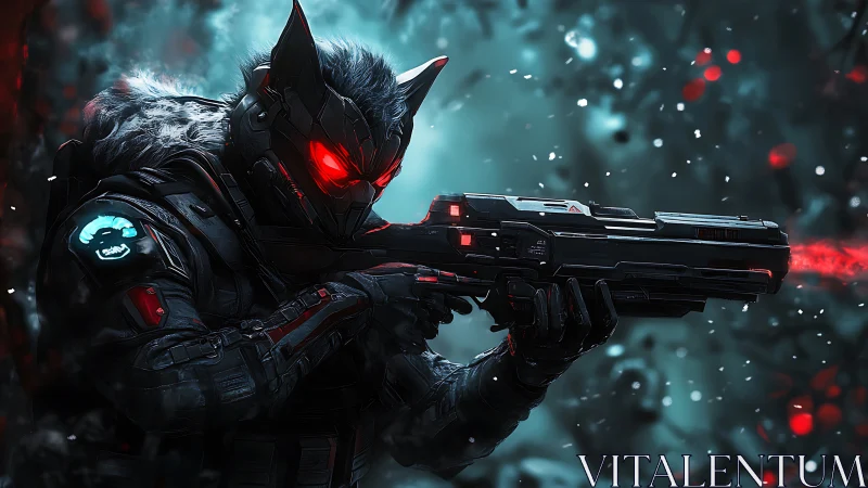 Cybernetic wolf soldier aims neon rifle in frozen battlefield.