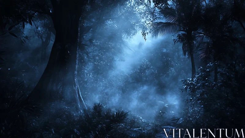 Luminous forest depths bathed in ethereal blue mist.