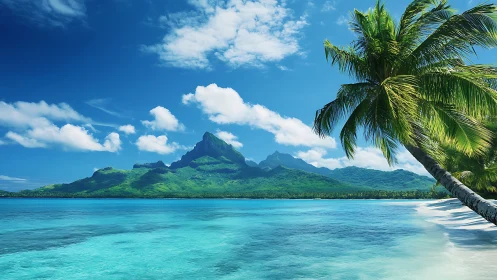 Tropical island paradise with volcanic peaks and turquoise lagoon.