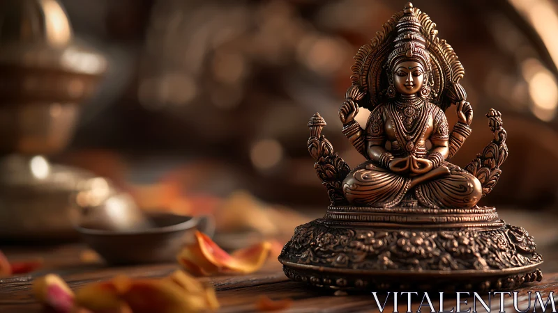 Bronze Hindu goddess statue rests amid warm ritual petals.